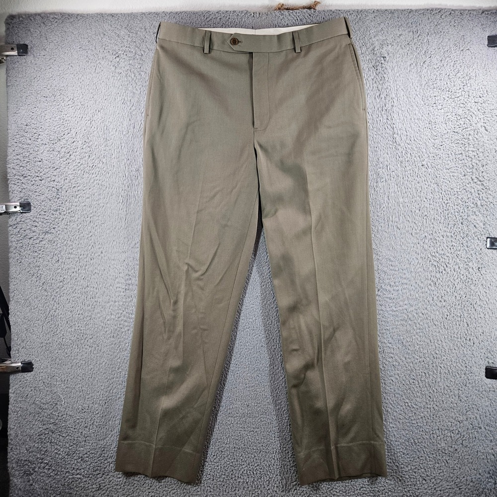 Brooks Brothers Madison Mens 36x32 Wool Dress Pants Olive Green Khaki Flat Front